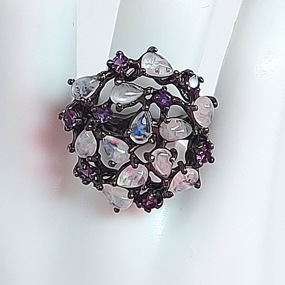 Natural Moonstone & Amethyst 925 Sterling Silver Ring Sz 7 - Picture 4 of 8